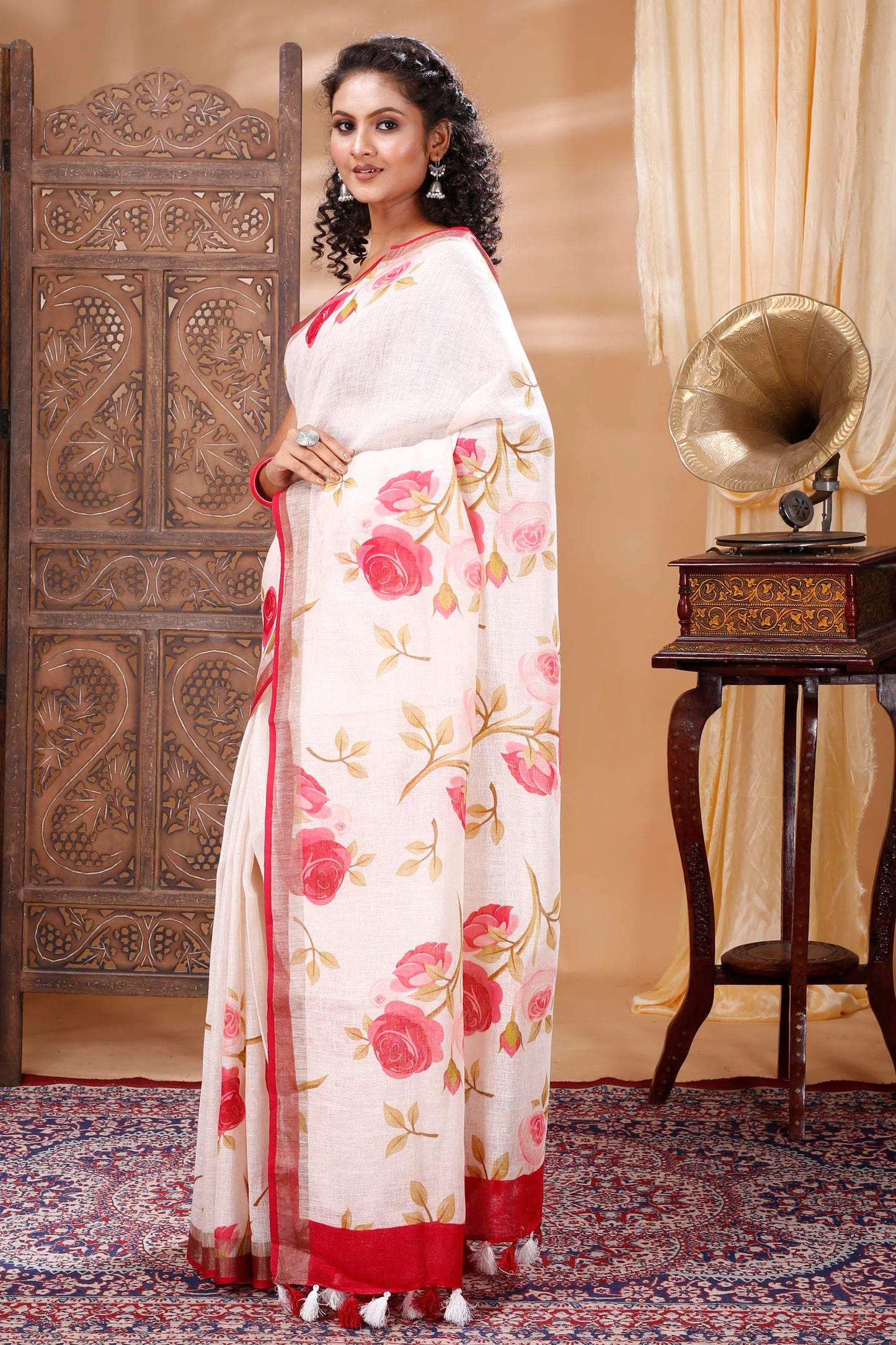 NEW ARRIVAL PUJA COLLECTION PURE LINEN SAREE (WHITE,RED)
