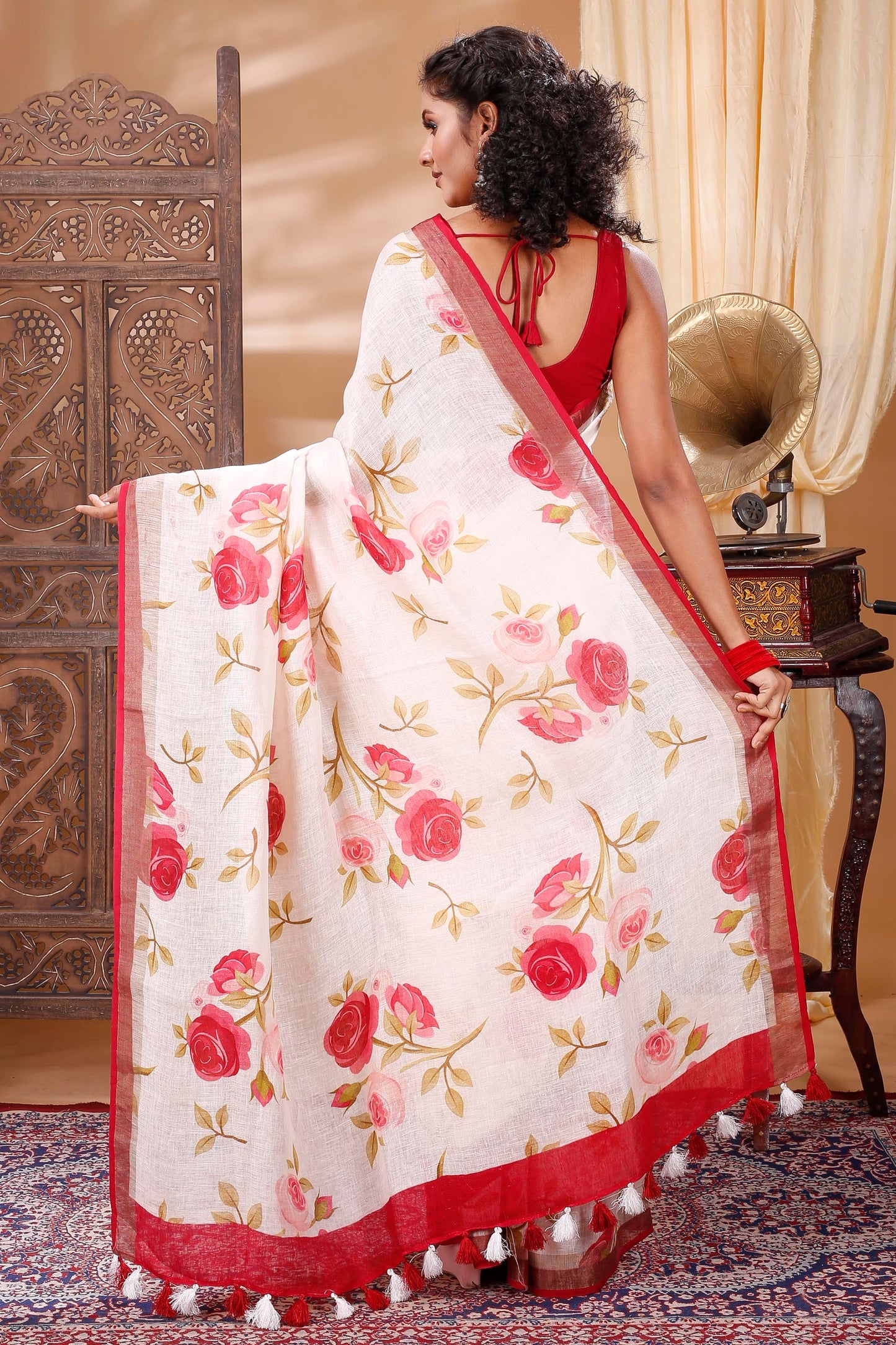 NEW ARRIVAL PUJA COLLECTION PURE LINEN SAREE (WHITE,RED)