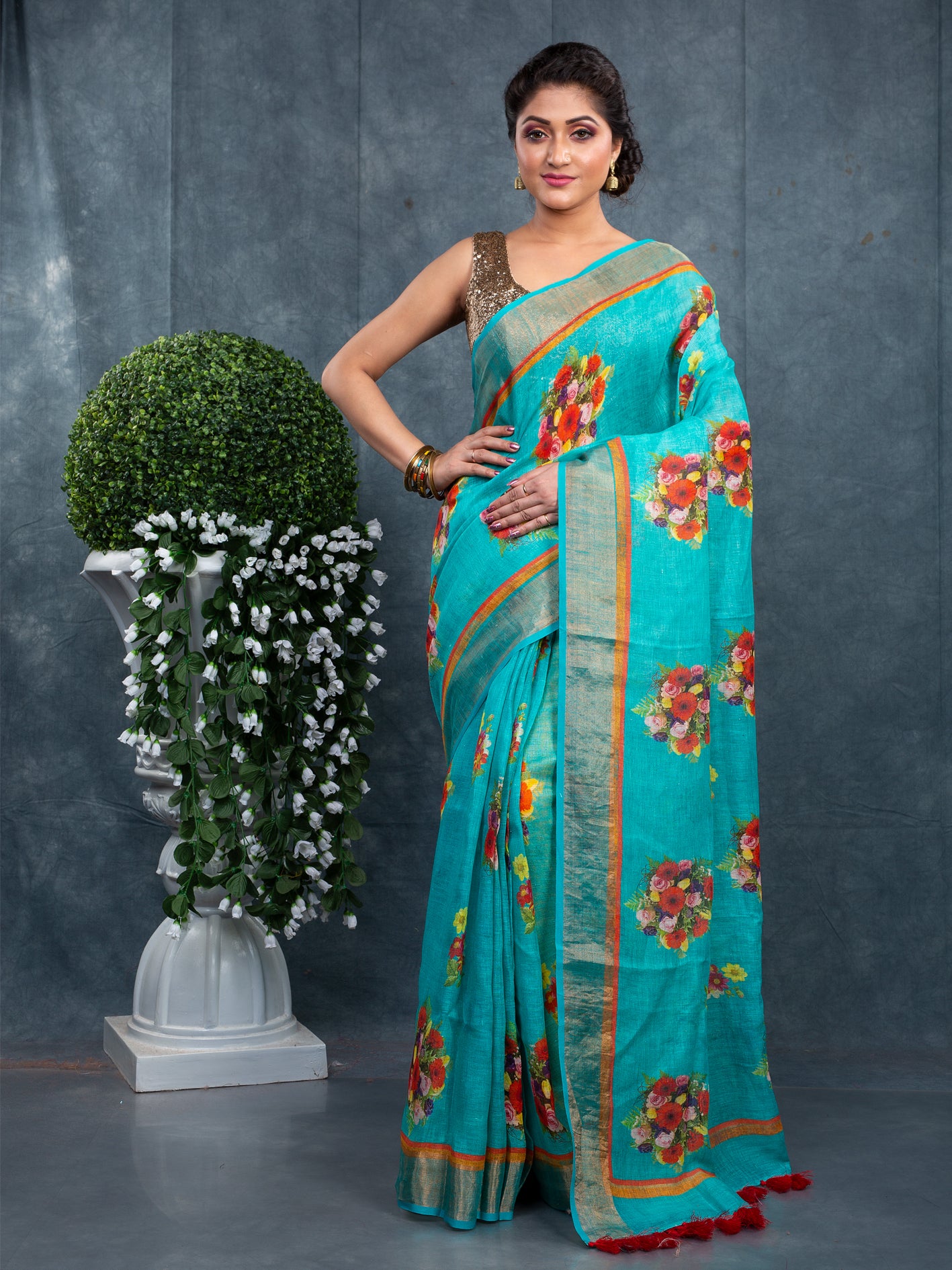 100% LINEN FLORAL PRINT SAREE