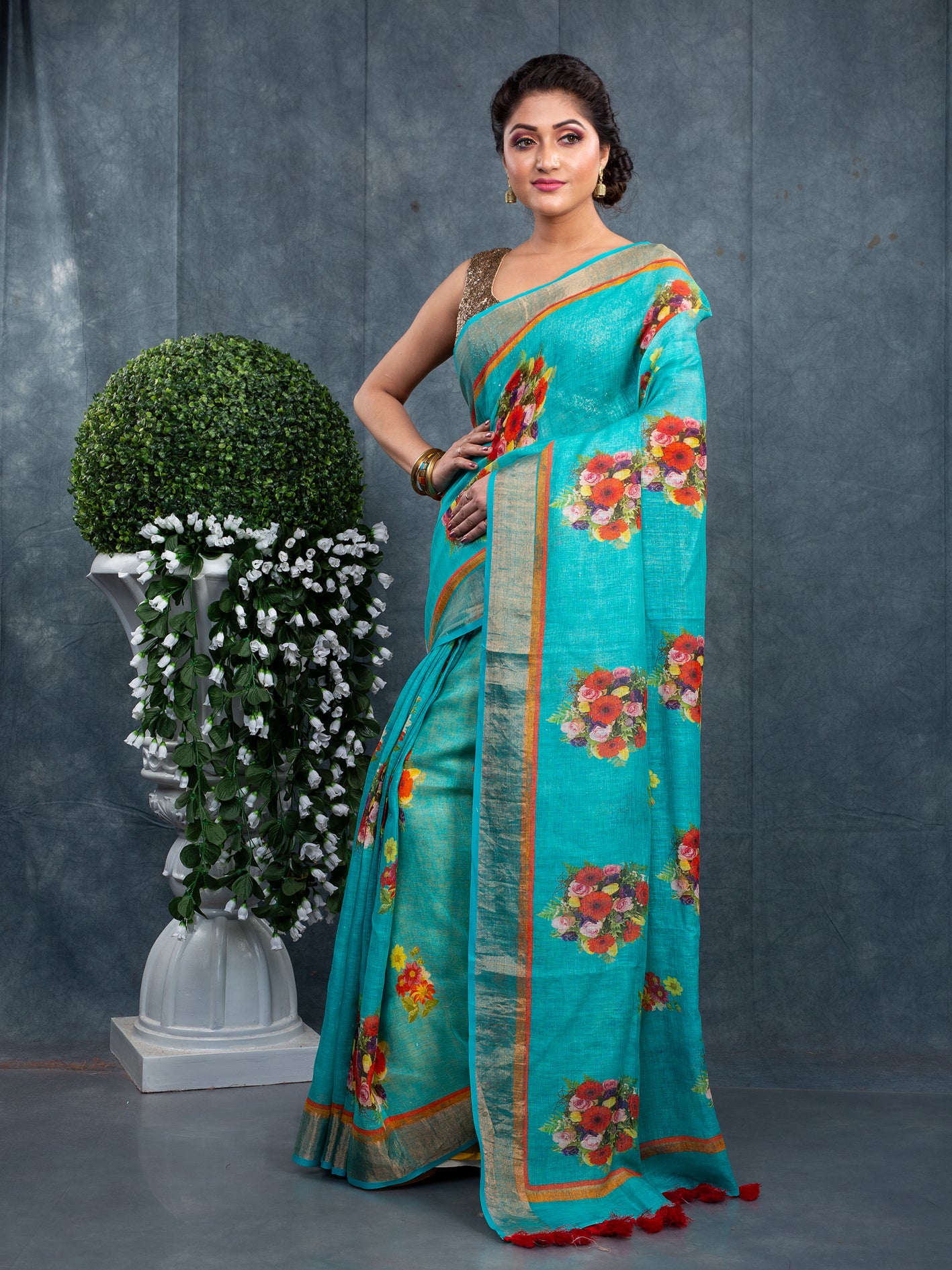 100% LINEN FLORAL PRINT SAREE