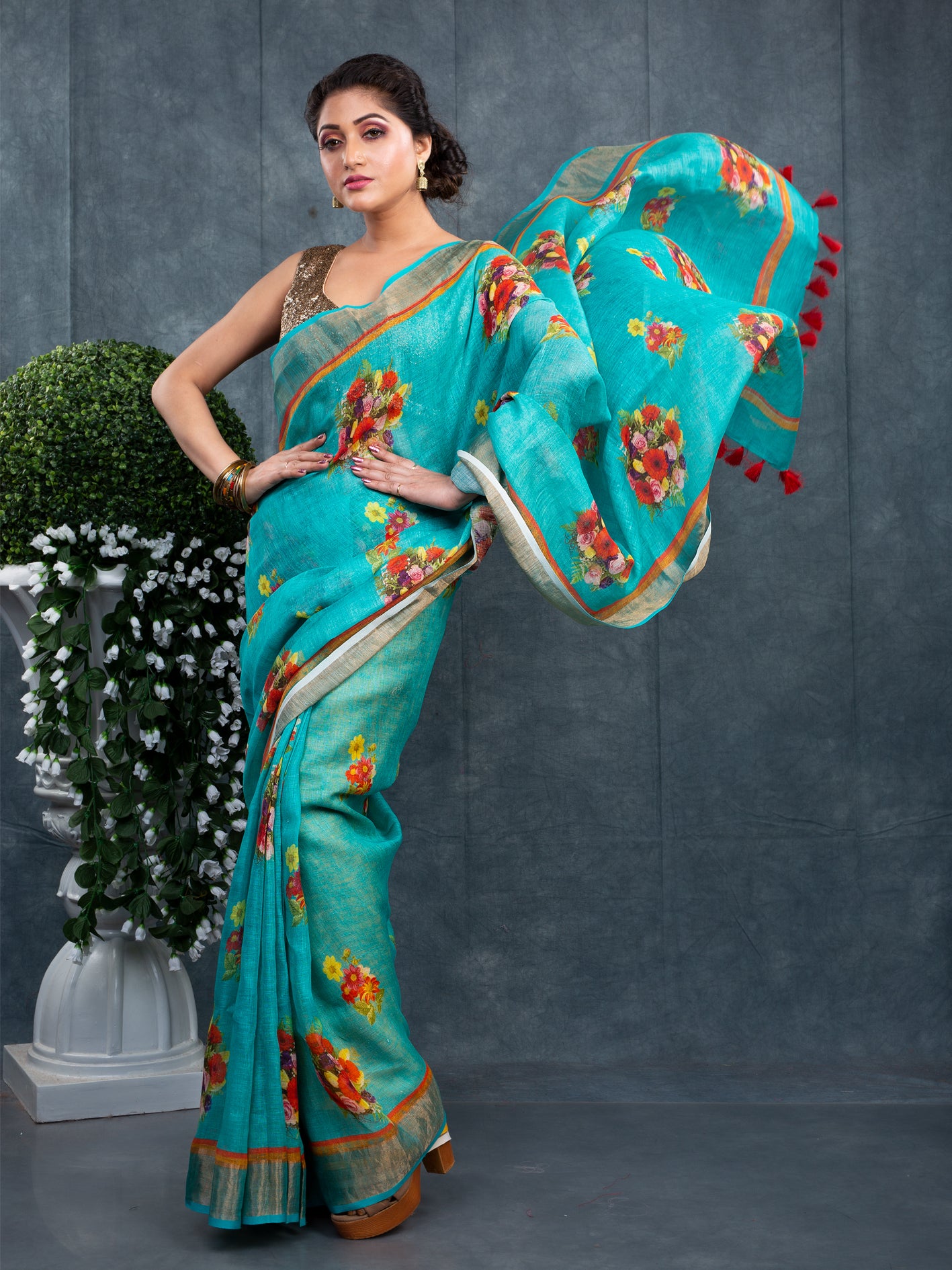 100% LINEN FLORAL PRINT SAREE