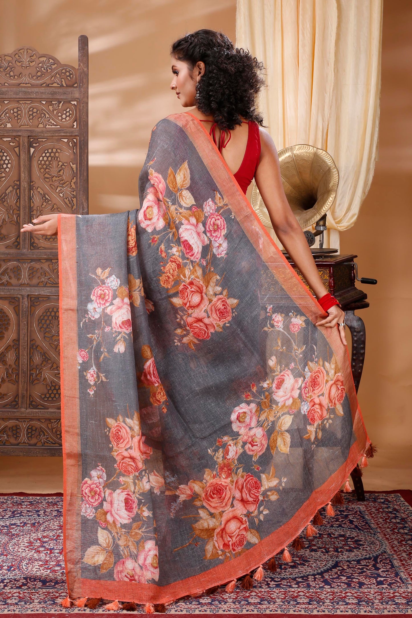 DIGITAL PRINT BOLLYWOOD LINEN SAREE (GRAY,PINK)