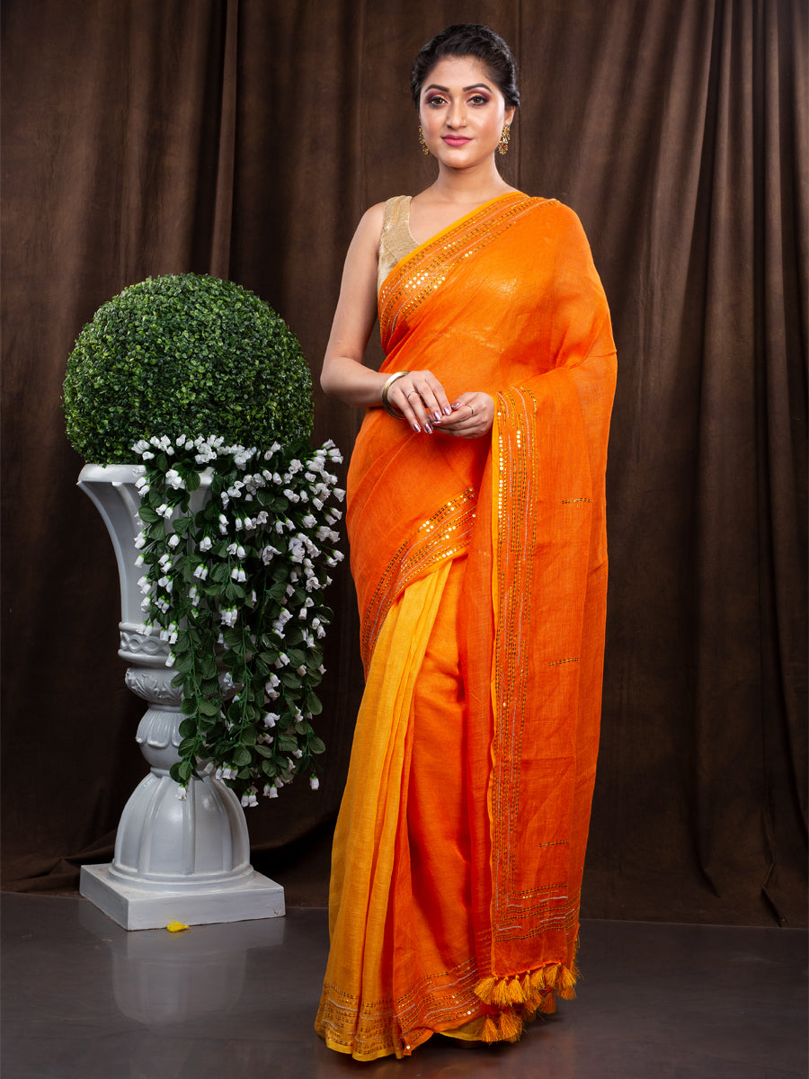 LINEN ORANGE WITH YELLOW CONTRAST EMBROIDERY SAREE