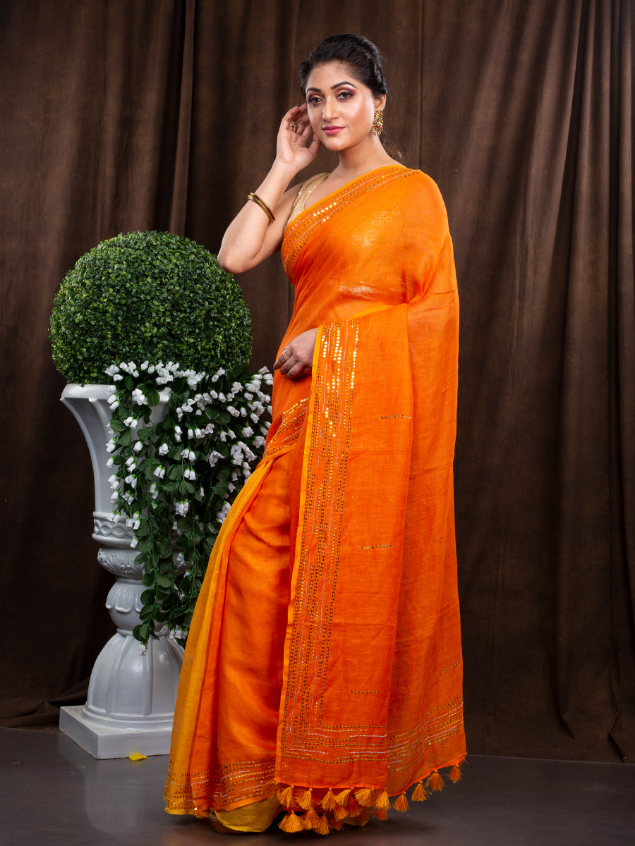LINEN ORANGE WITH YELLOW CONTRAST EMBROIDERY SAREE