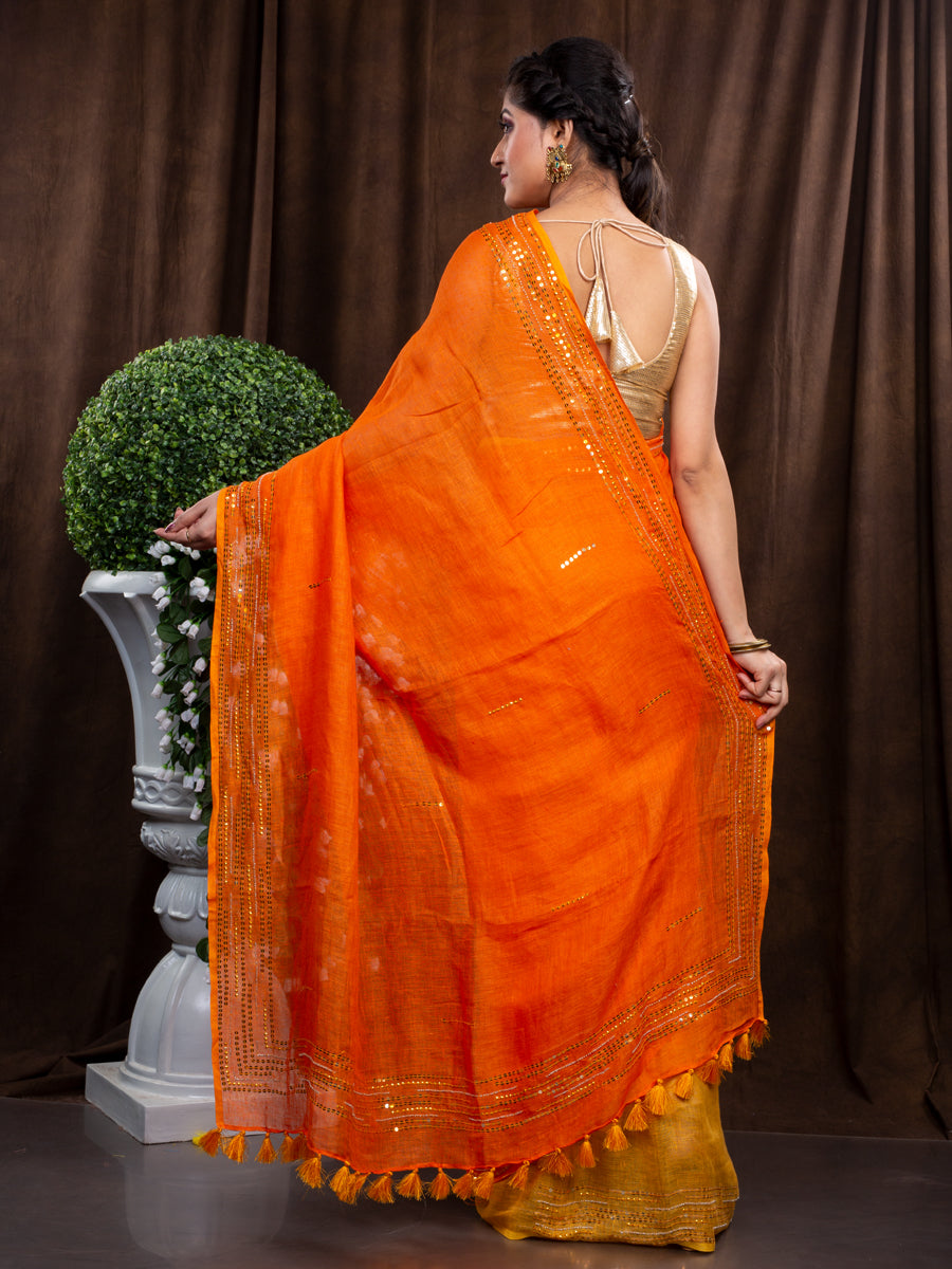 LINEN ORANGE WITH YELLOW CONTRAST EMBROIDERY SAREE