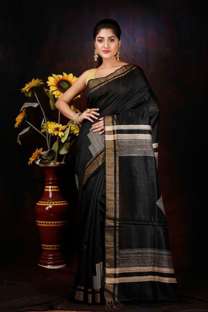 Noir Elegance Handwoven Black Cotton Silk Saree