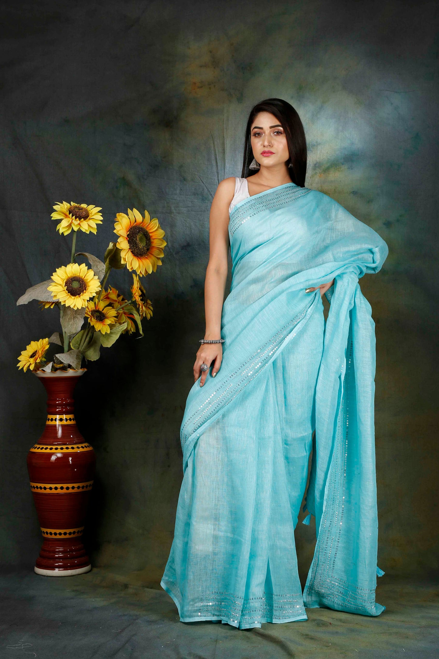 LINEN SEQUENCE EMBROIDERY SAREE