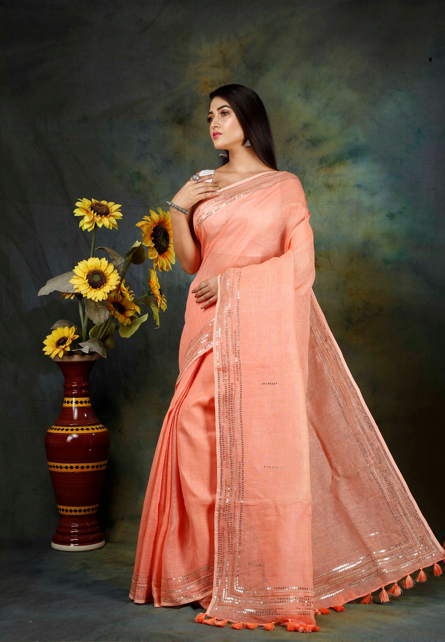 100% PURE LINEN SEQUENCE WORK SAREE