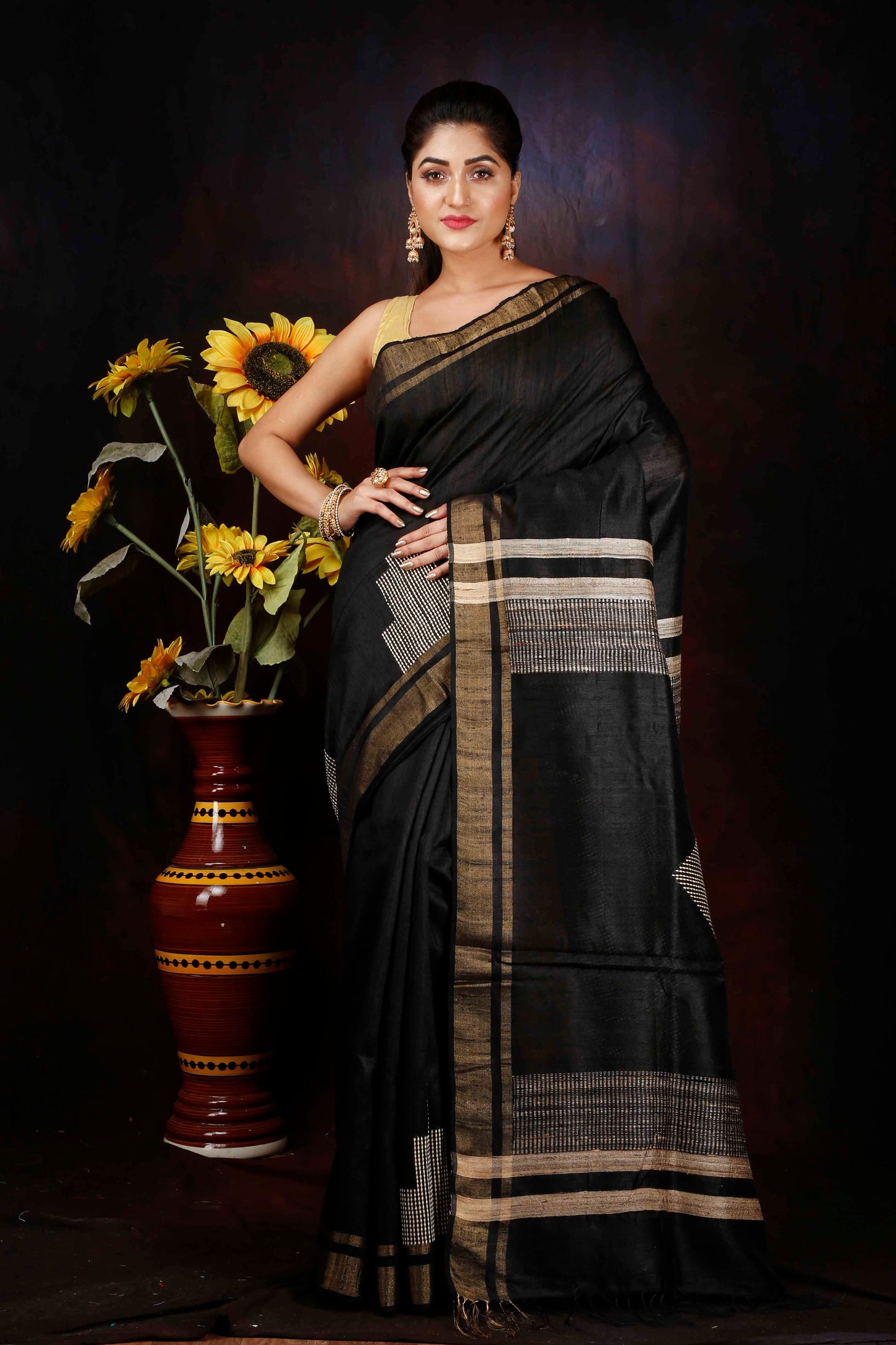BEAUTIFUL BLACK DUPION SILK SAREE