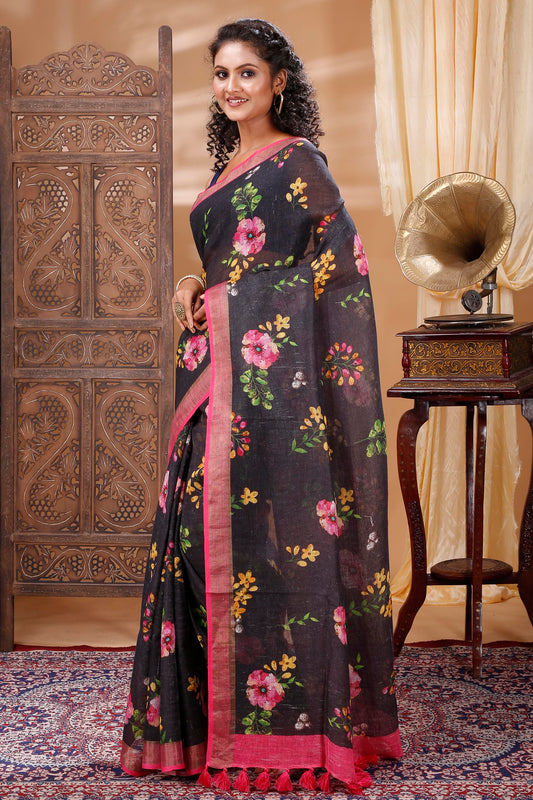 ELEGANT FLORAL PRINT PURE LINEN SAREE