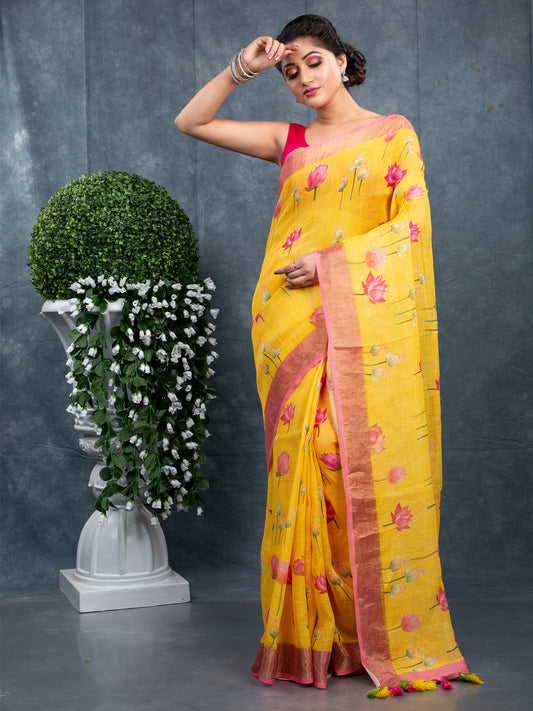 PURE LINEN LOTUS PRINT SAREE