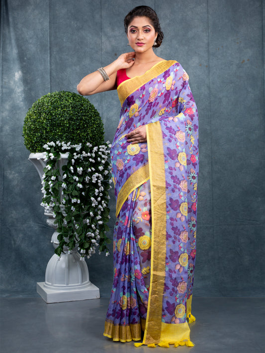 PURE LINEN LAVENDER COLOR FLORAL PRINT SAREE