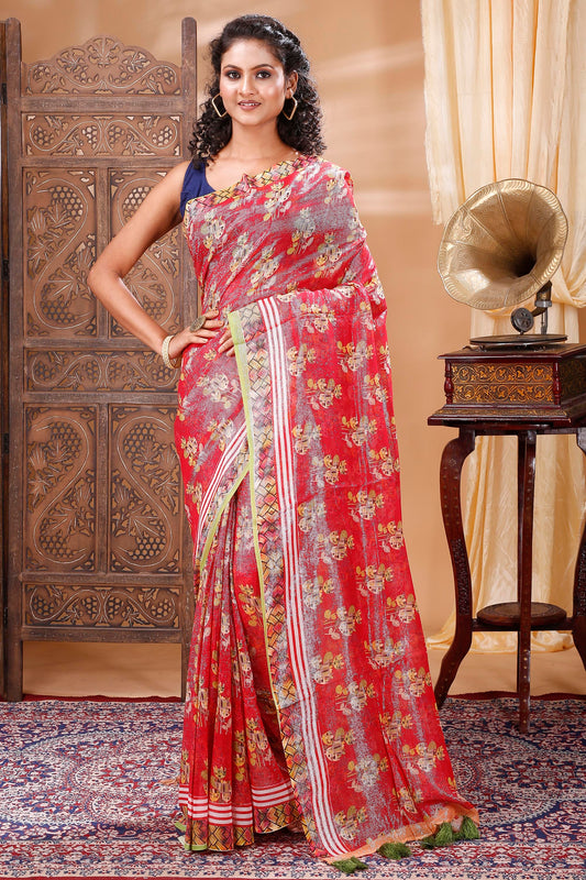 RED FLORAL SILK SAREE WITH SILK MARK