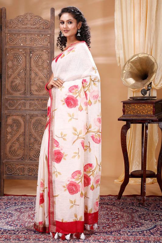 NEW ARRIVAL PUJA COLLECTION PURE LINEN SAREE (WHITE,RED)