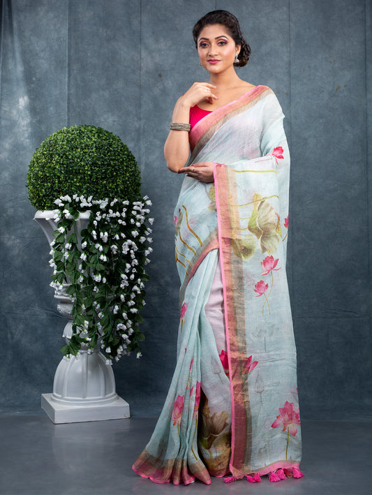 PURE LINEN LOTUS PRINT SAREE
