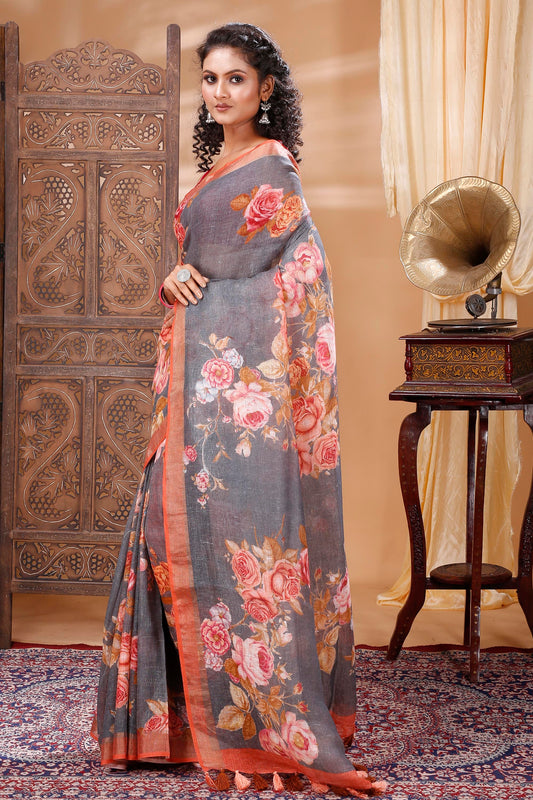DIGITAL PRINT BOLLYWOOD LINEN SAREE (GRAY,PINK)
