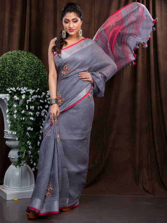 Linen Embroidery Saree