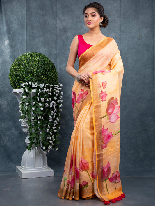 PURE LINEN LOTUS PRINT ELEGANT LOOK SAREE