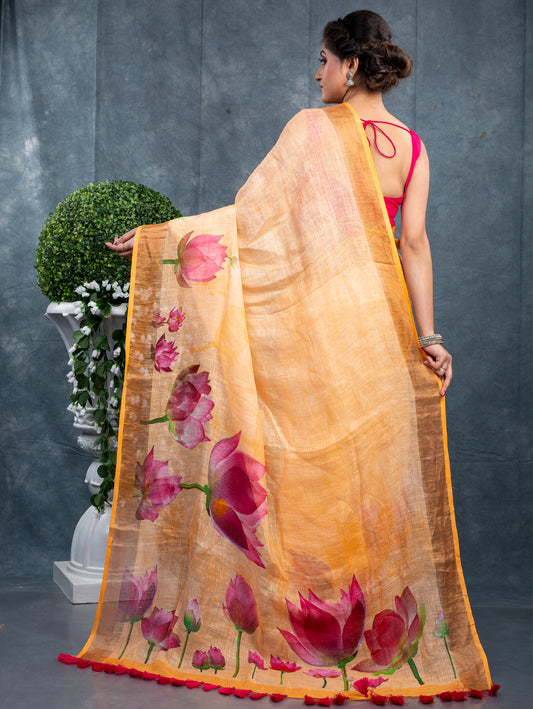 Linen Lotus printed saree