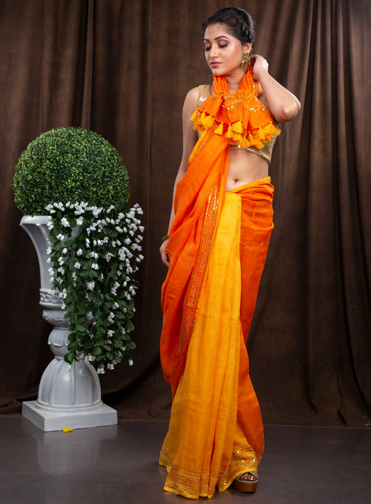 LINEN ORANGE WITH YELLOW CONTRAST EMBROIDERY SAREE