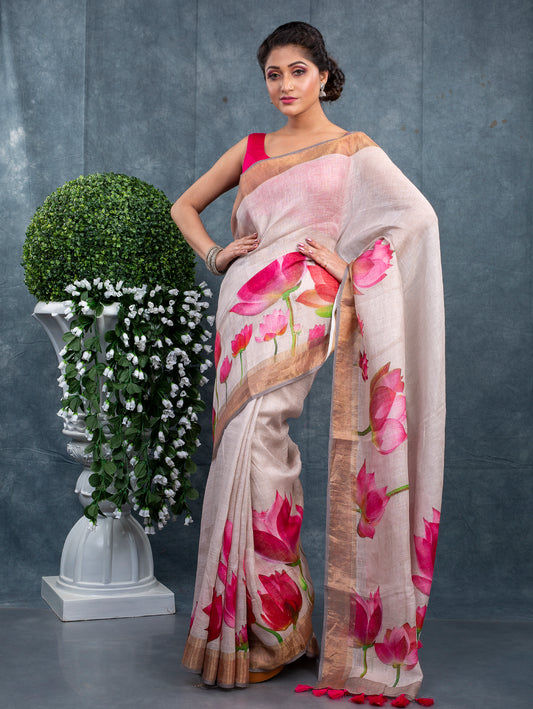Linen Lotus Printed Saree