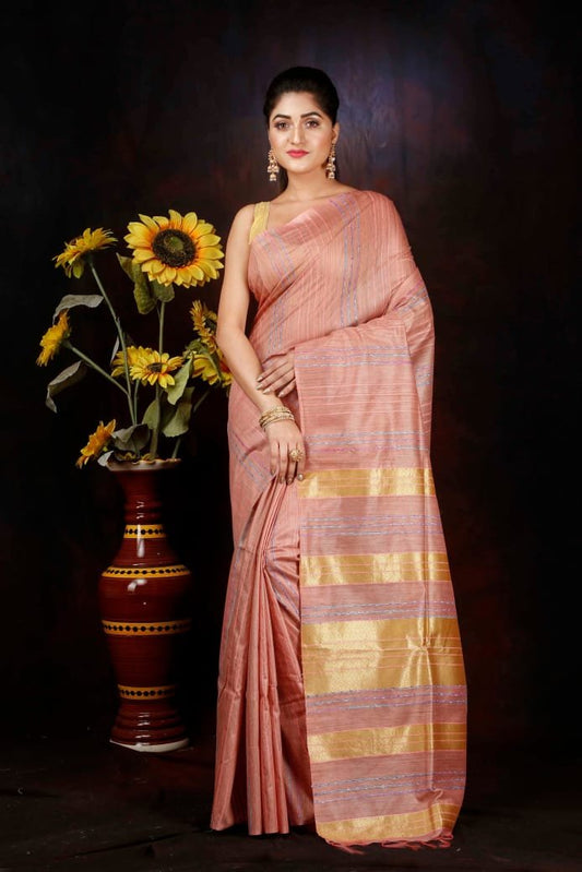 Peach Radiance Soft Silk Saree with Golden Zari Stripes