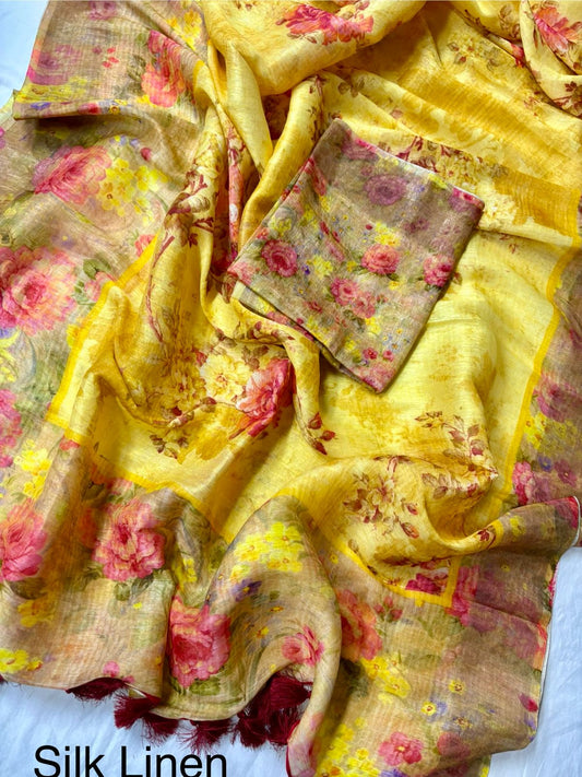 GOLD COLOR ELEGANT SILK LINEN FLORAL SAREE
