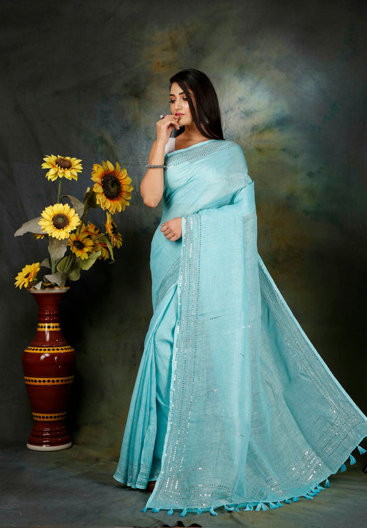 LINEN SEQUENCE EMBROIDERY SAREE