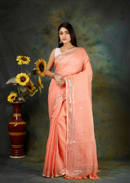 100% PURE LINEN SEQUENCE WORK SAREE