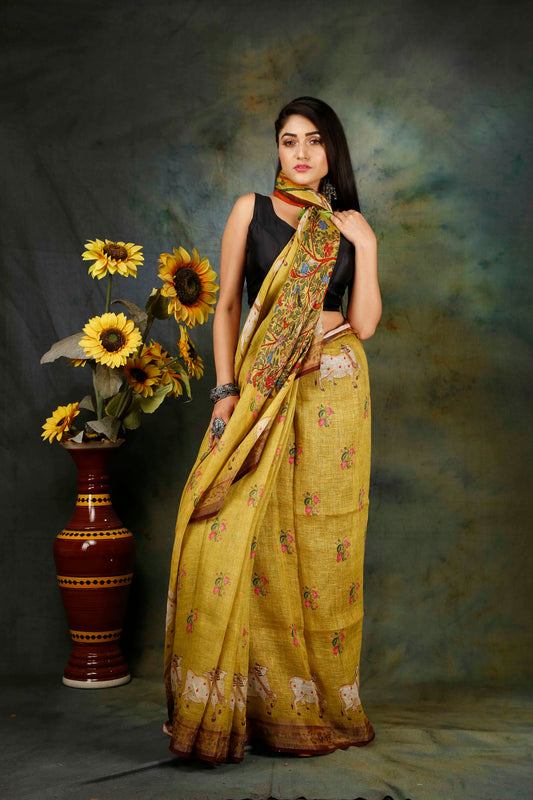 MEHEDI COLOR LINEN KALAMKARI SAREE