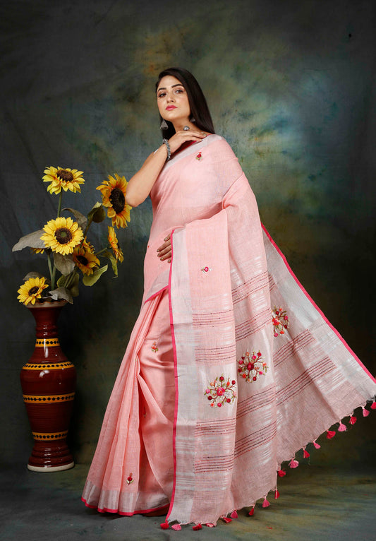 Linen Embroidery French Knot Saree