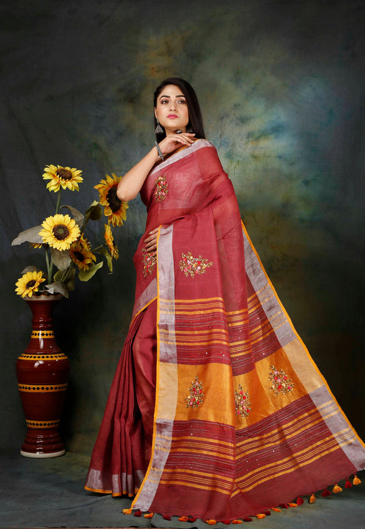 LINEN EMBROIDERY SAREE