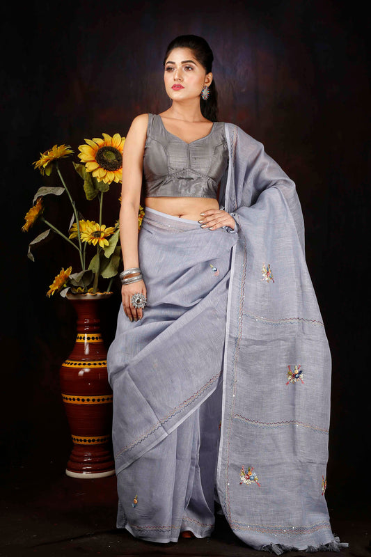 PREMIUM QUALITY LINEN EMBROIDERY SAREE