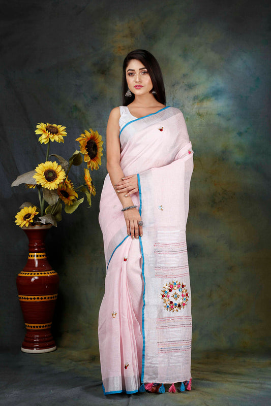 PREMIUM QUALITY LINEN FRENCH KNOT EMBROIDERY SAREE