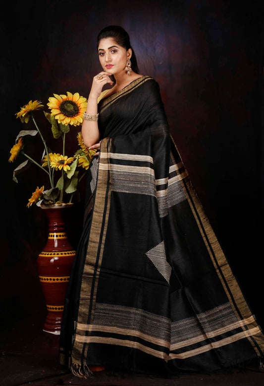 BEAUTIFUL BLACK DUPION SILK SAREE