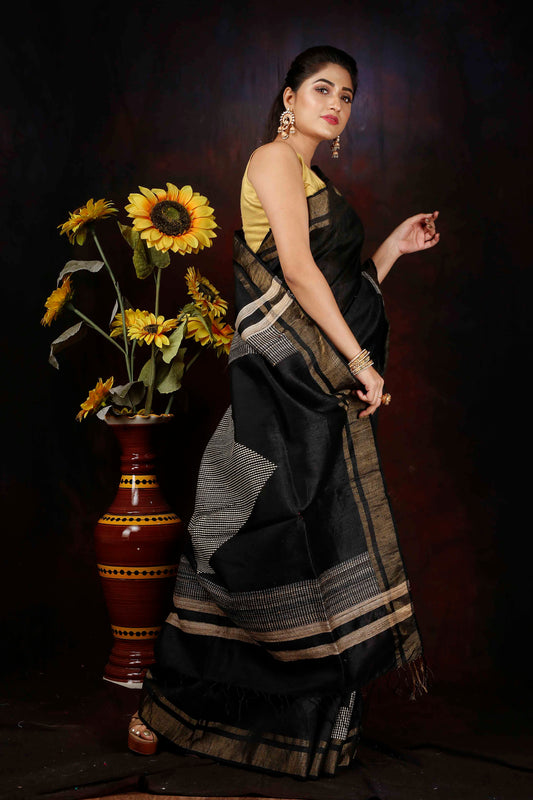 BEAUTIFUL BLACK DUPION SILK SAREE