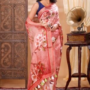 PINK LINEN FLORAL SAREE