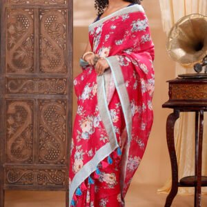 ELEGANT RED LINEN FLORAL SAREE